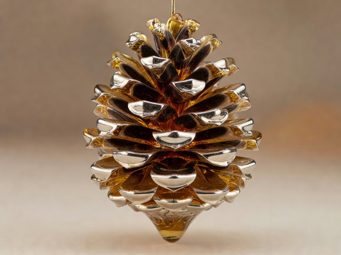 Amber hand-blown glass pinecone ornament with silvered interior, front view