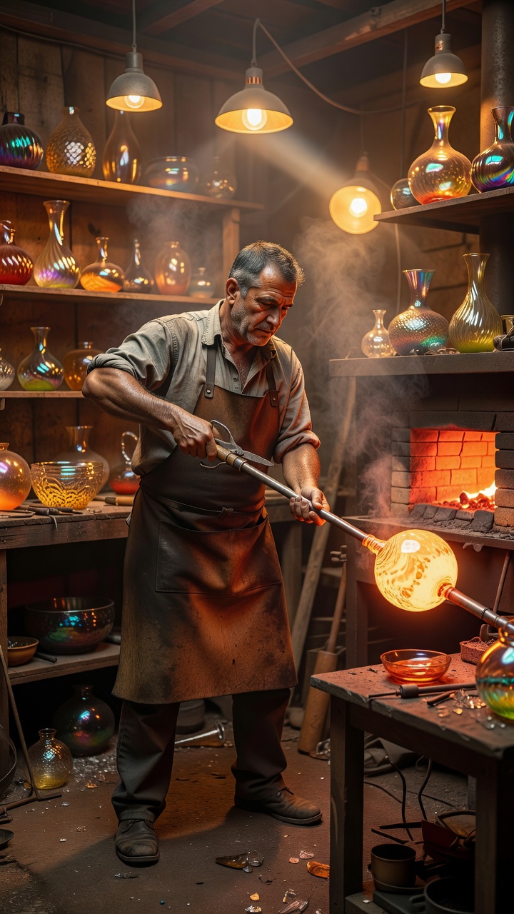Artisan shaping molten glass at a workbench under warm workshop light