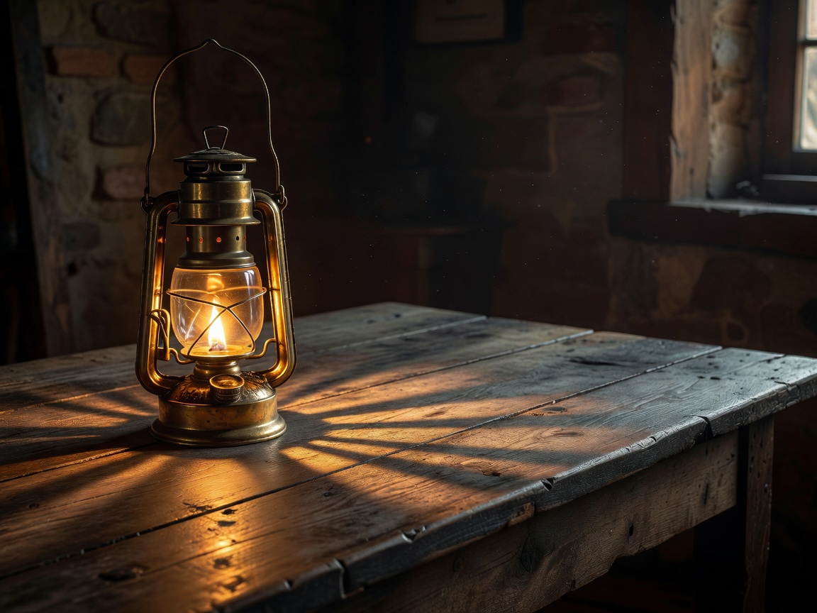 Brass lantern casting warm architectural light across a wooden table
