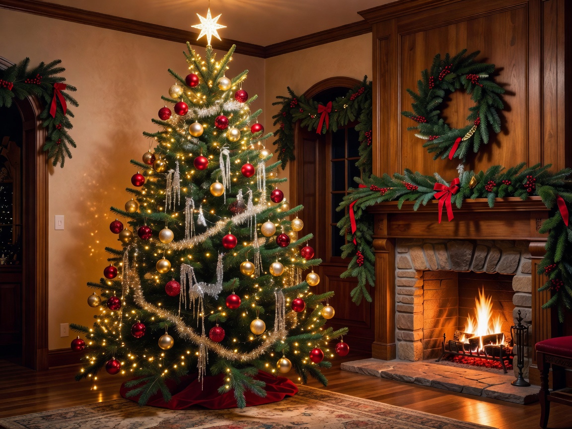 Decorated holiday interior with a warmly lit pine tree