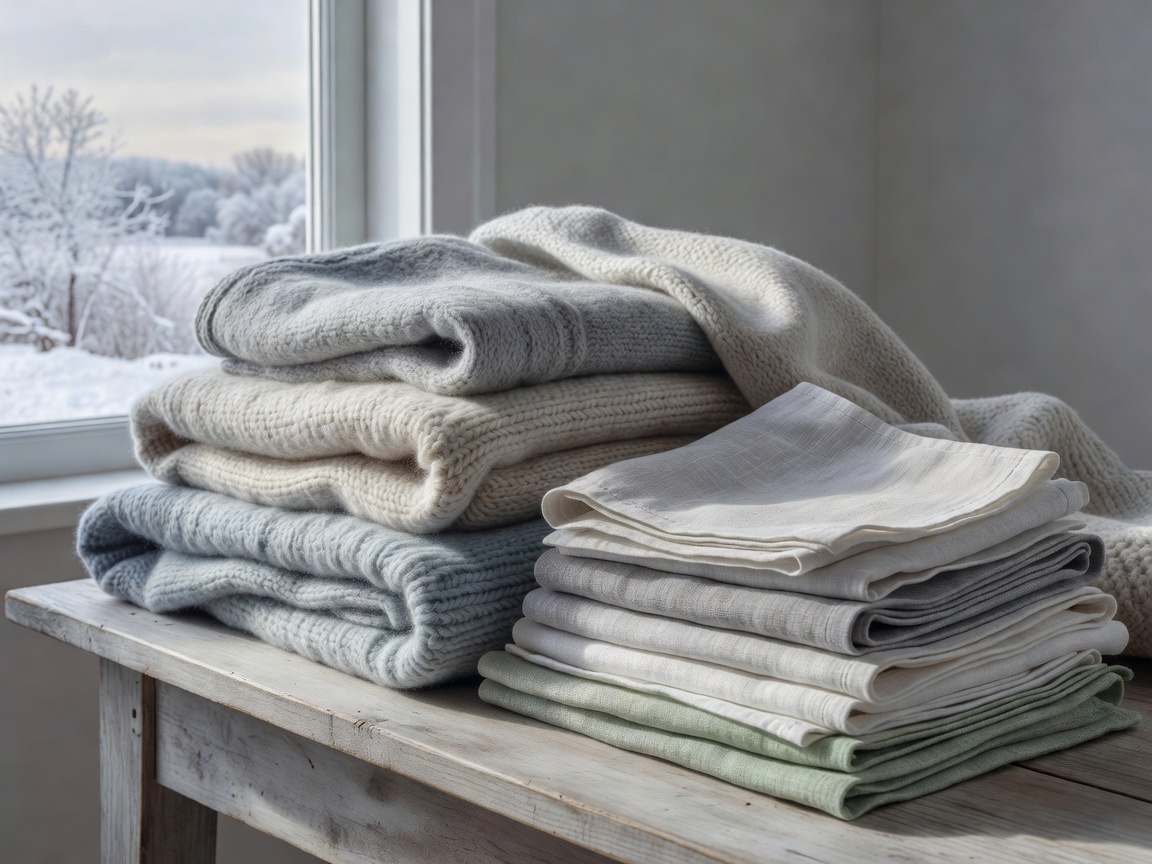 Folded wool throws and linen napkins in muted winter colors