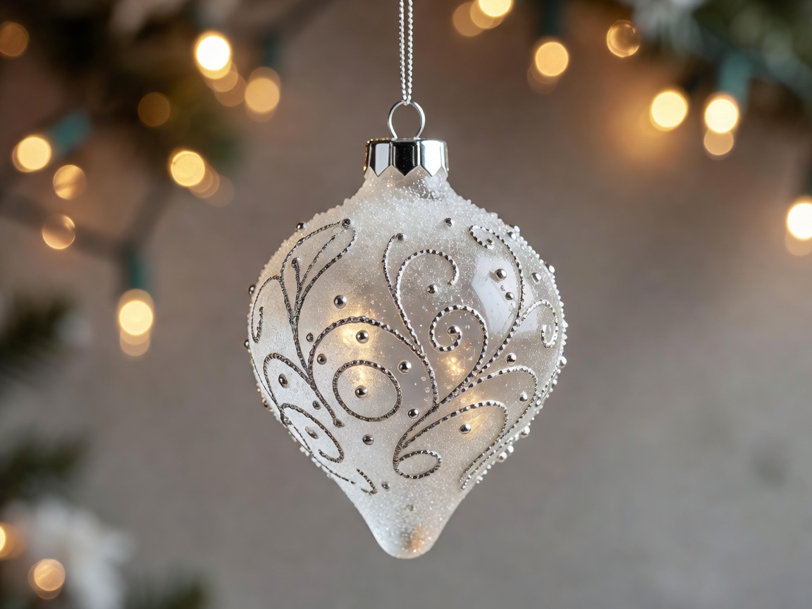 Frosted teardrop glass ornament with silver detailing