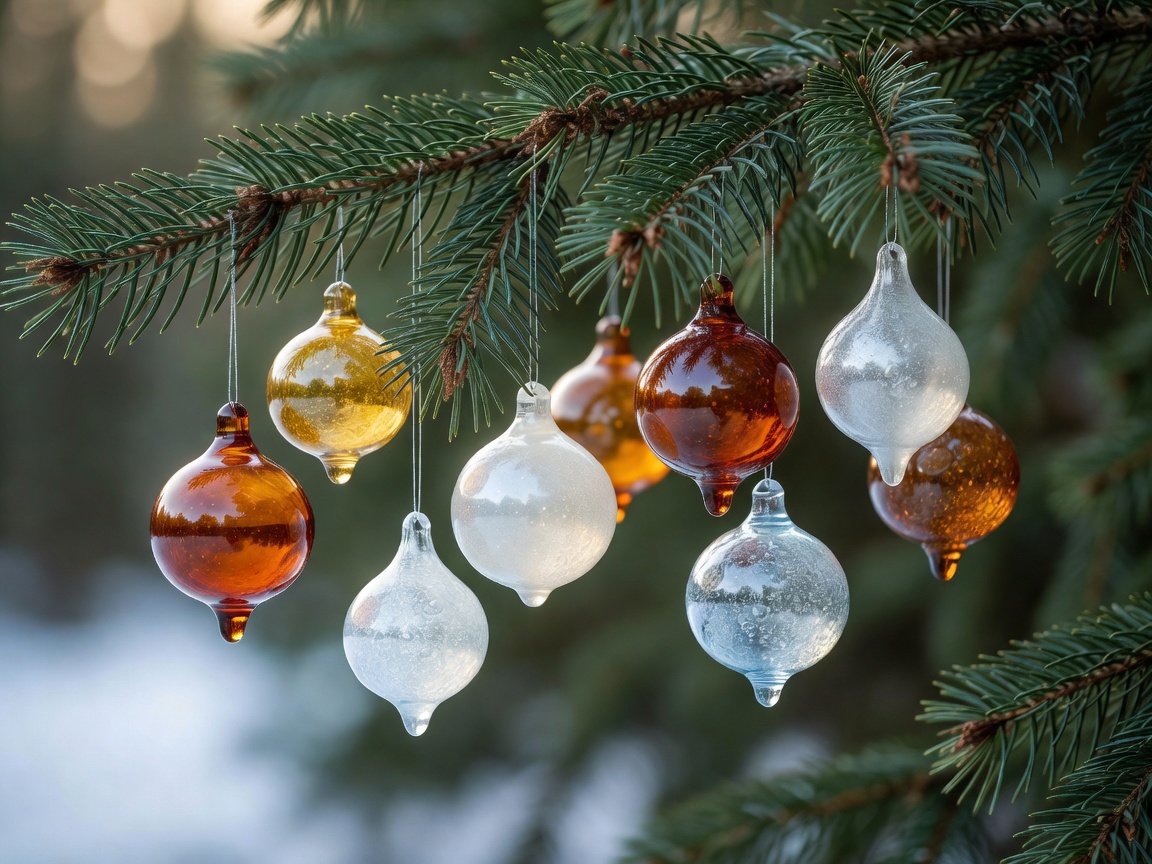 Hand-blown glass ornaments in amber and frost tones hanging on a pine bough