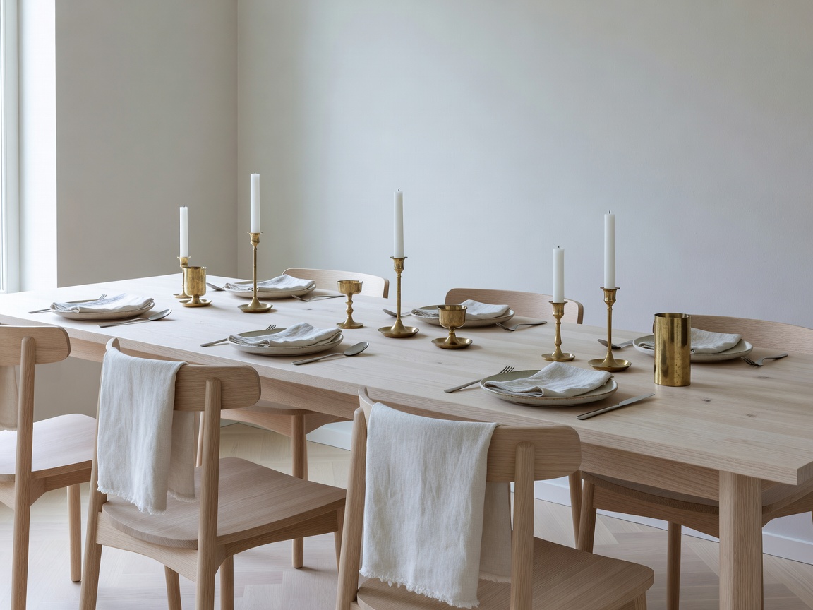 Nordic dining table set with brass candlesticks and linen napkins