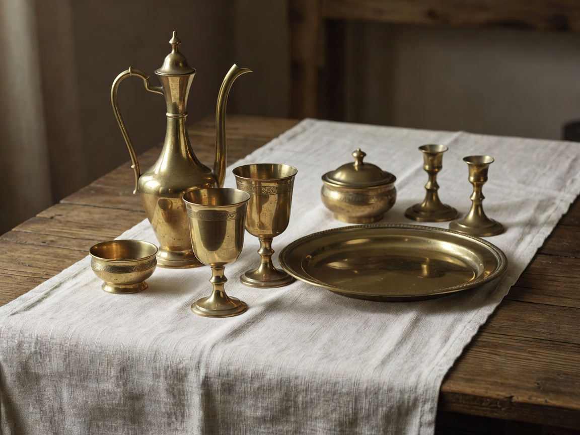 Polished antique brass tableware arranged on a linen runner
